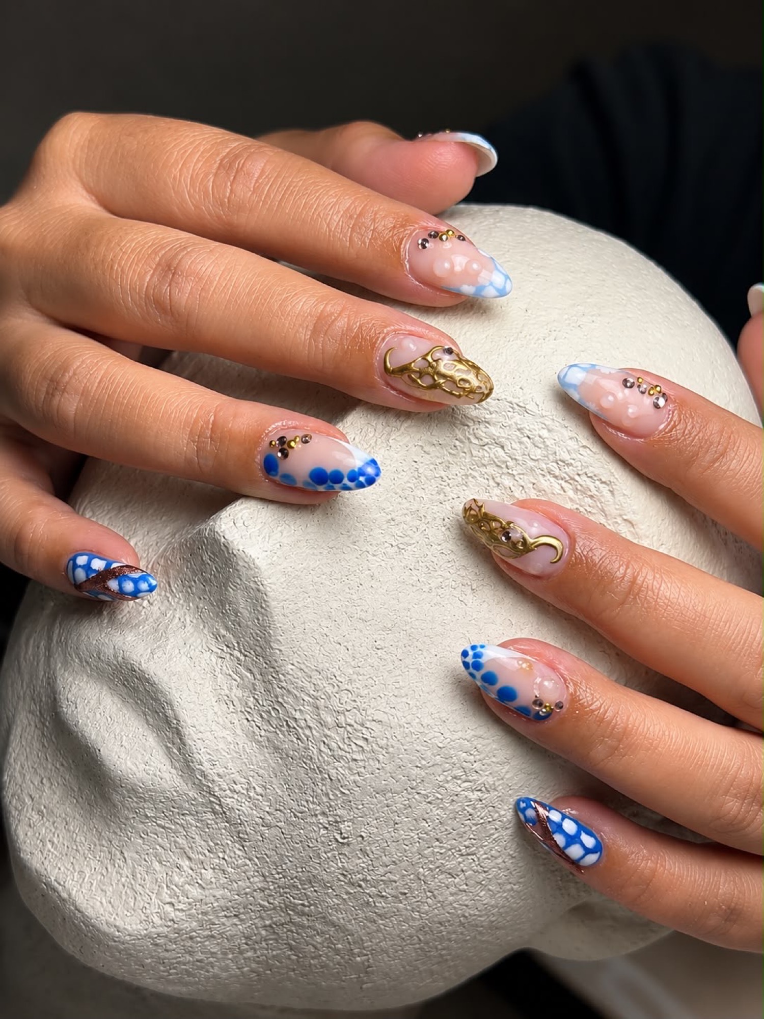 Blue & gold art nails by Nelly Nails NY in East Williamsburg, Brooklyn