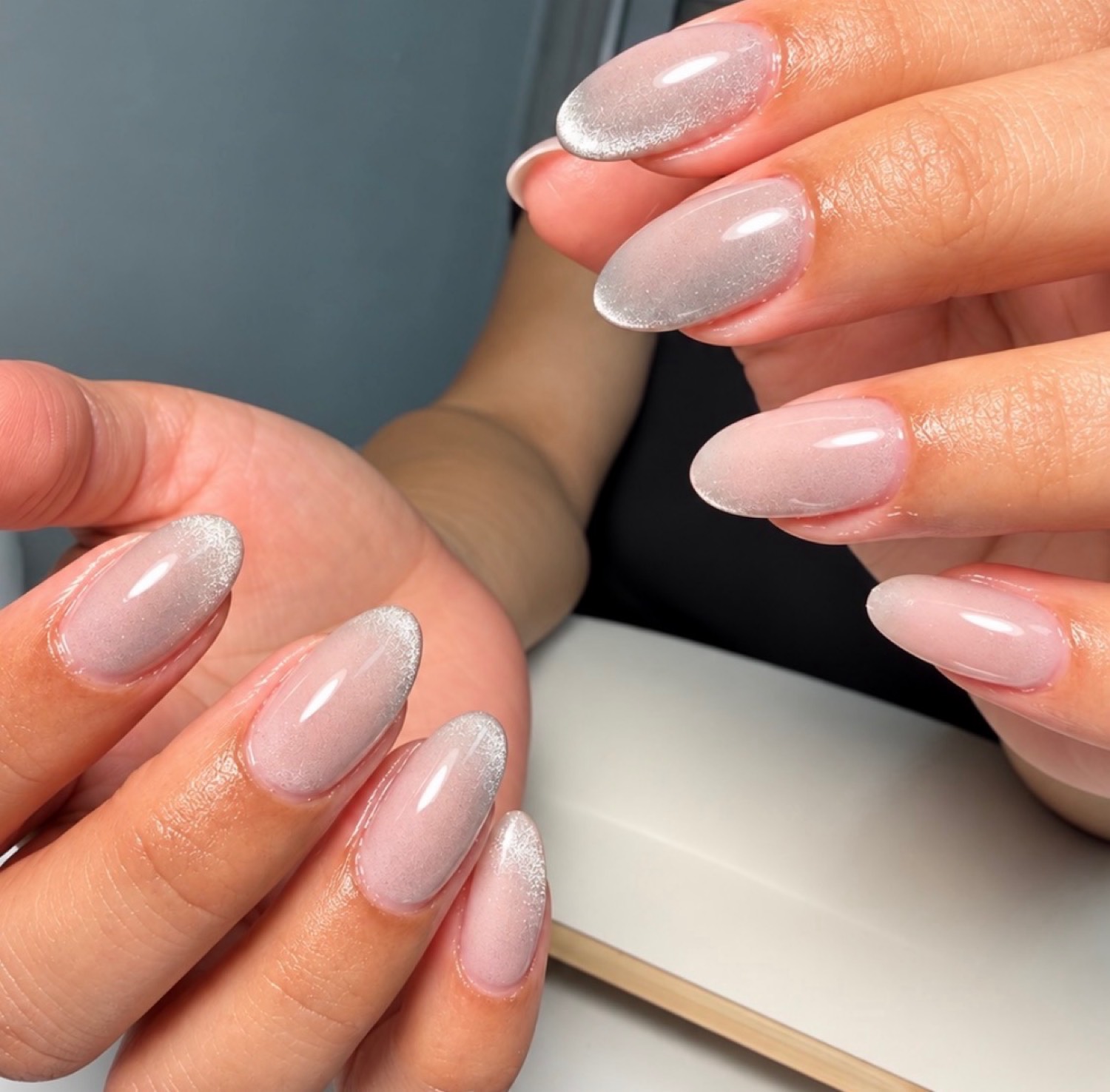 Blush chrome chrome nails by Nelly Nails NY in East Williamsburg, Brooklyn