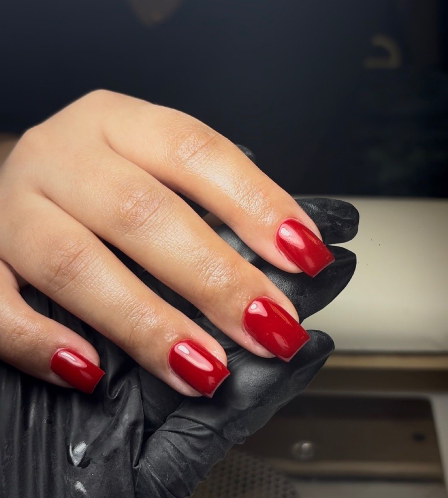 Cherry square color nails by Nelly Nails NY in East Williamsburg, Brooklyn