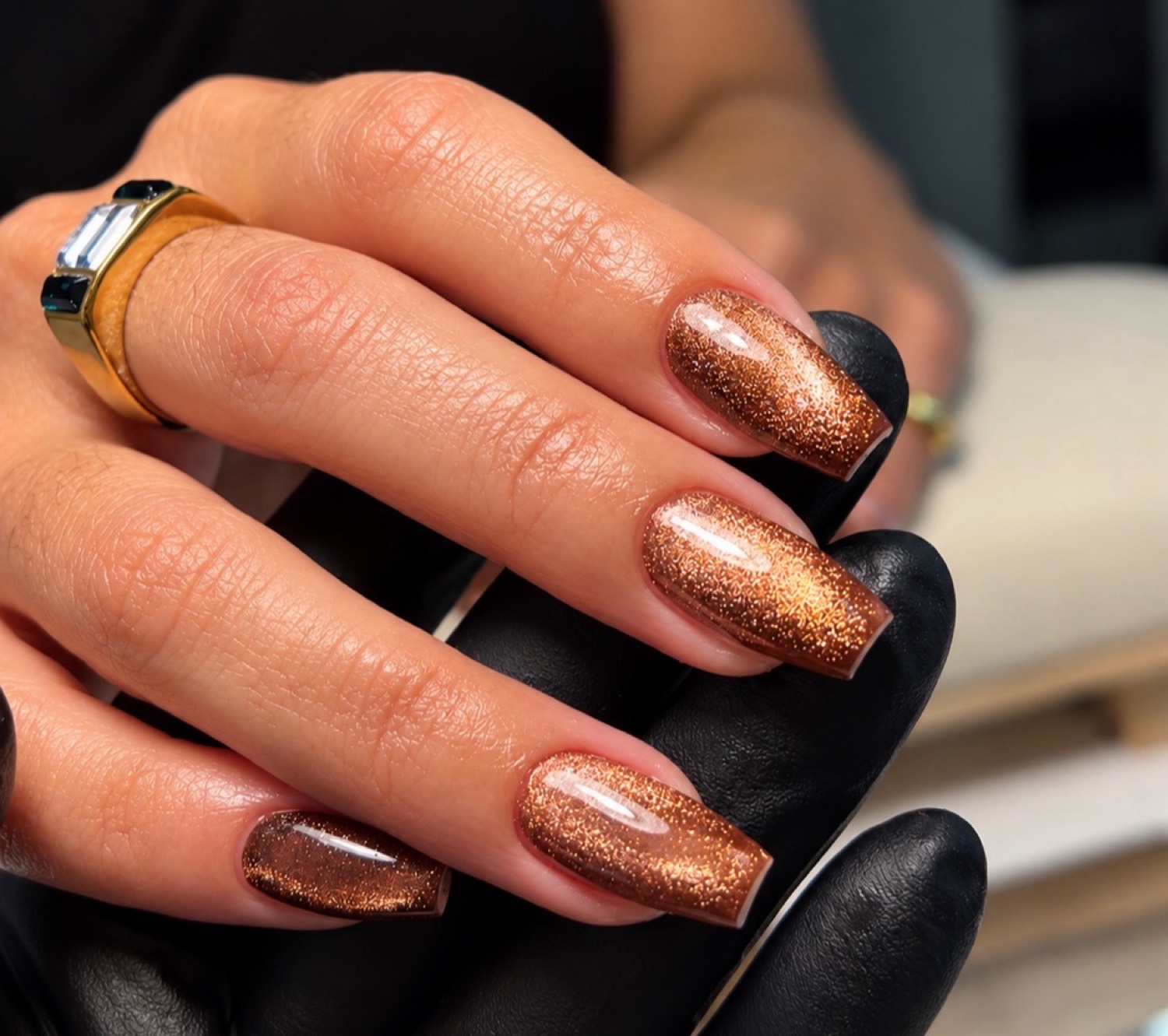 Copper cat-eye chrome nails by Nelly Nails NY in East Williamsburg, Brooklyn