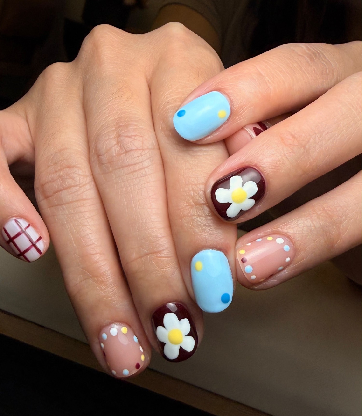 Daisy mix art nails by Nelly Nails NY in East Williamsburg, Brooklyn