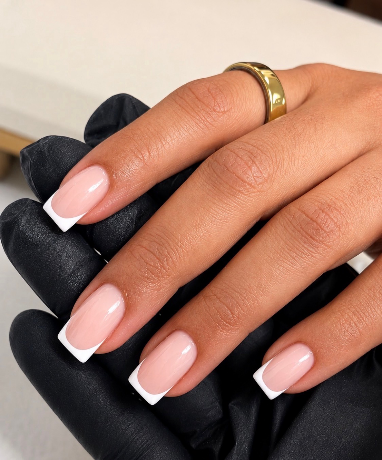 Square french classic nails by Nelly Nails NY in East Williamsburg, Brooklyn