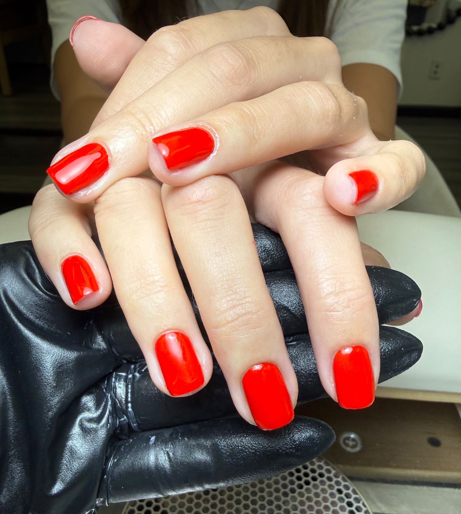 Square red color nails by Nelly Nails NY in East Williamsburg, Brooklyn