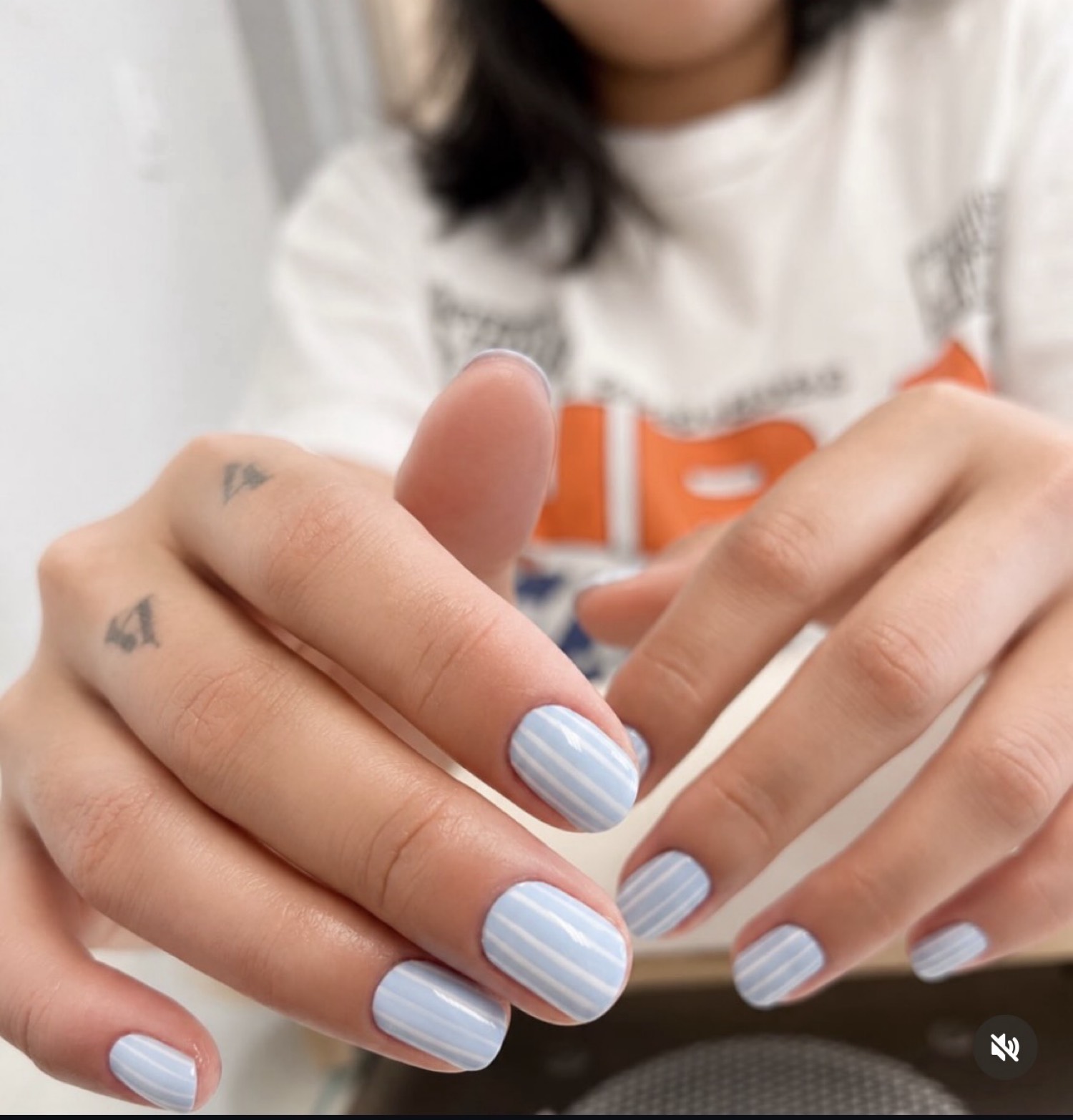 Blue stripe art nails by Nelly Nails NY in East Williamsburg, Brooklyn
